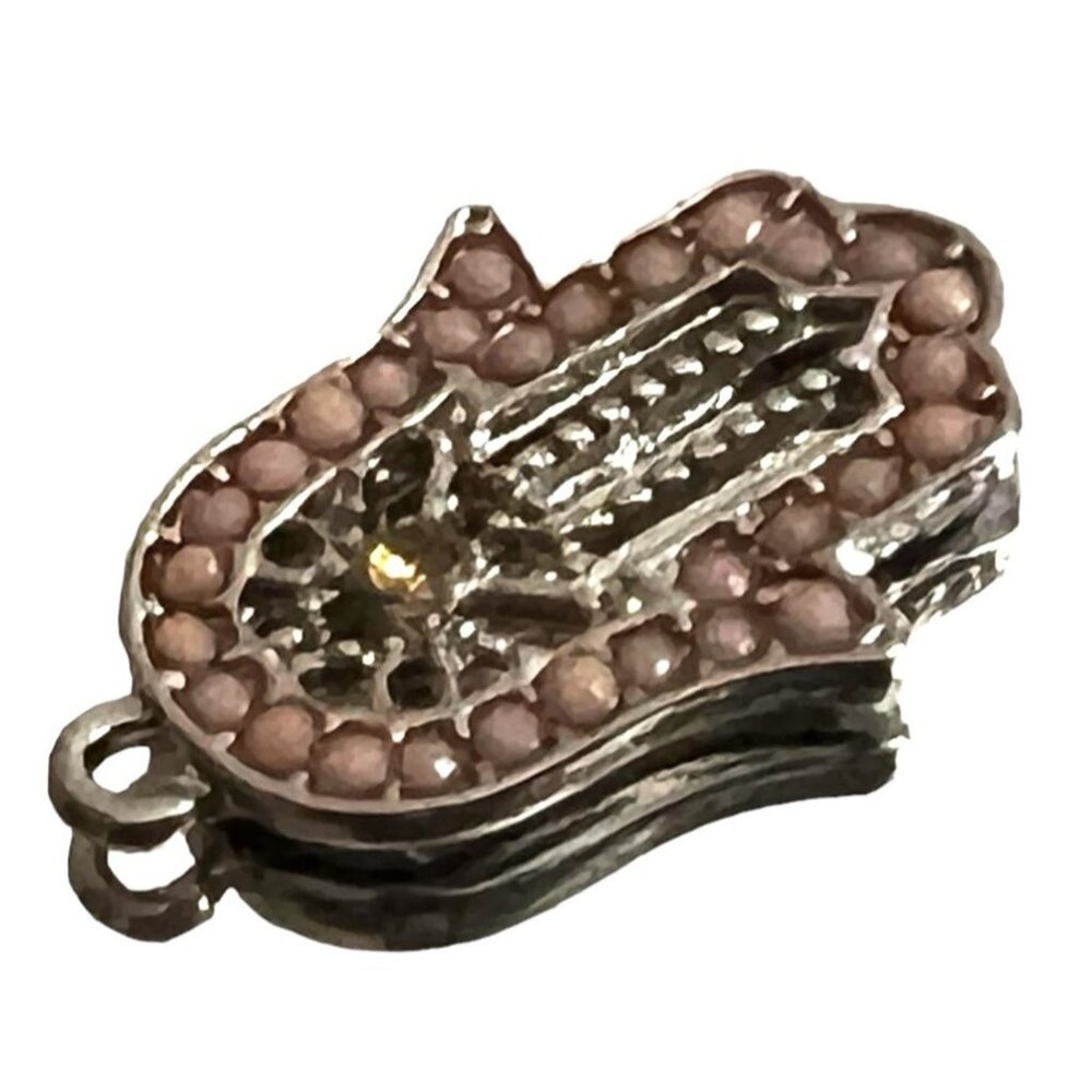 Pink Beaded Hamsa Yoga Hand Necklace Charm 1" Silver with Center Jewel